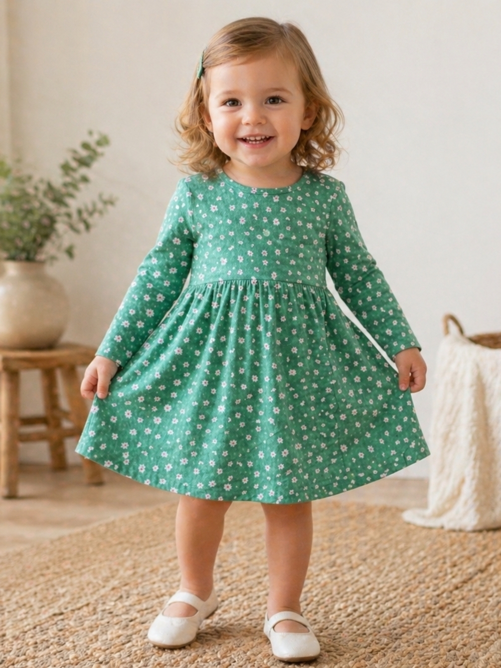 H&M Green Floral Long Sleeve Dress 3/4T Cottage Prairie Spring Girlhood Cute Cas